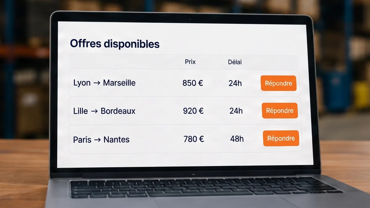 Bourse de fret affichant des offres de transport Lyon-Marseille, Lille-Bordeaux et Paris-Nantes à prendre au vol