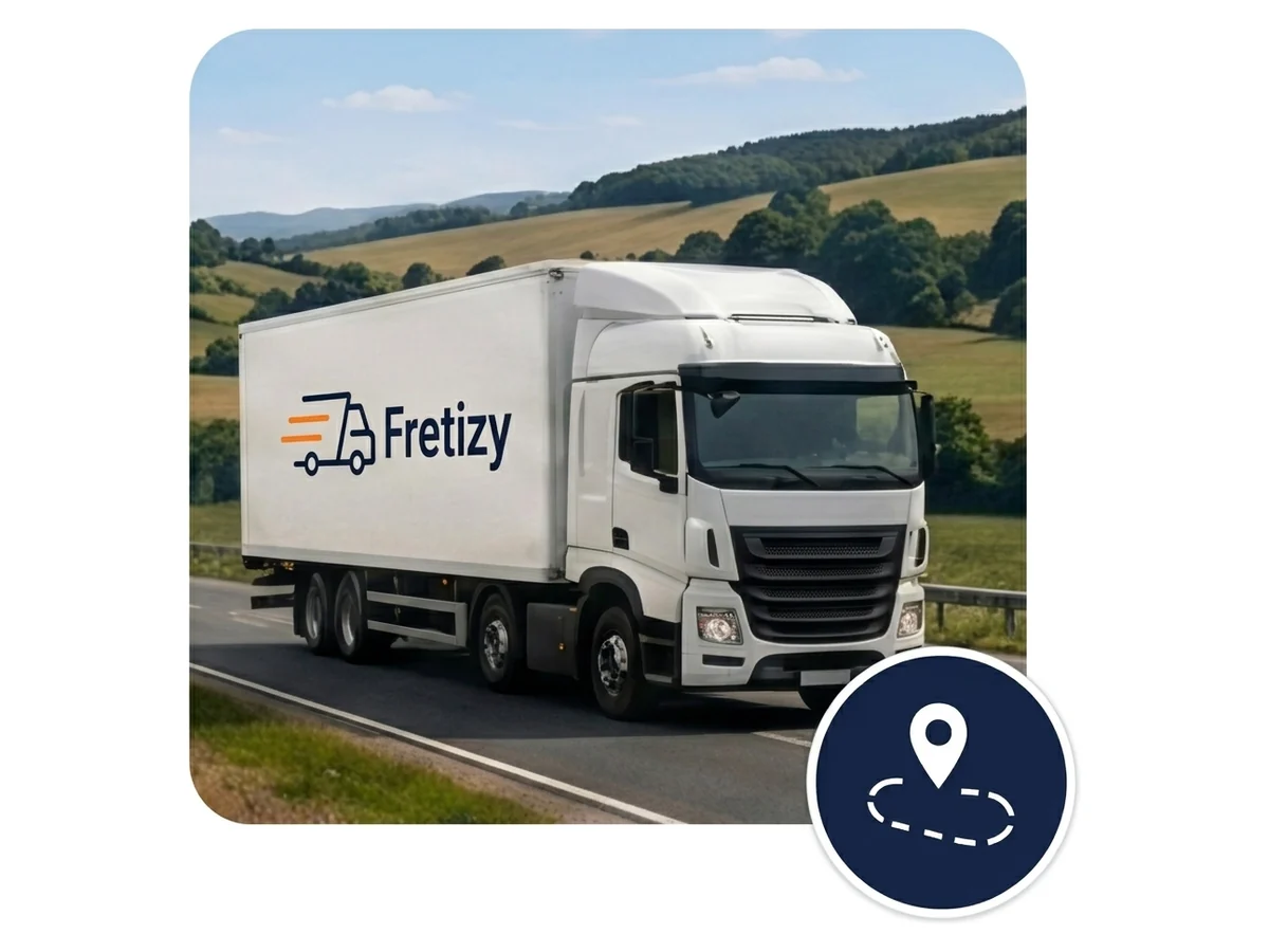 Camion aux couleurs Fretizy sur la route avec suivi de livraison après prise en charge de la marchandise