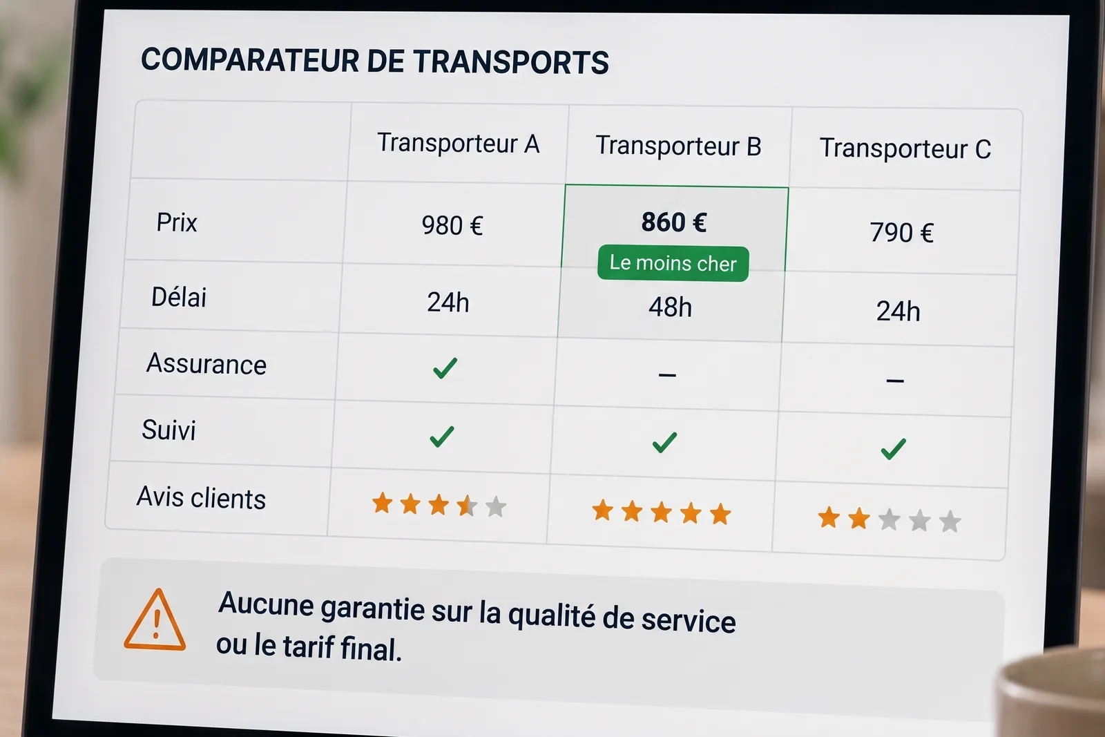 Comparateur de transports listant trois transporteurs sans garantie sur la qualité de service ni le tarif final