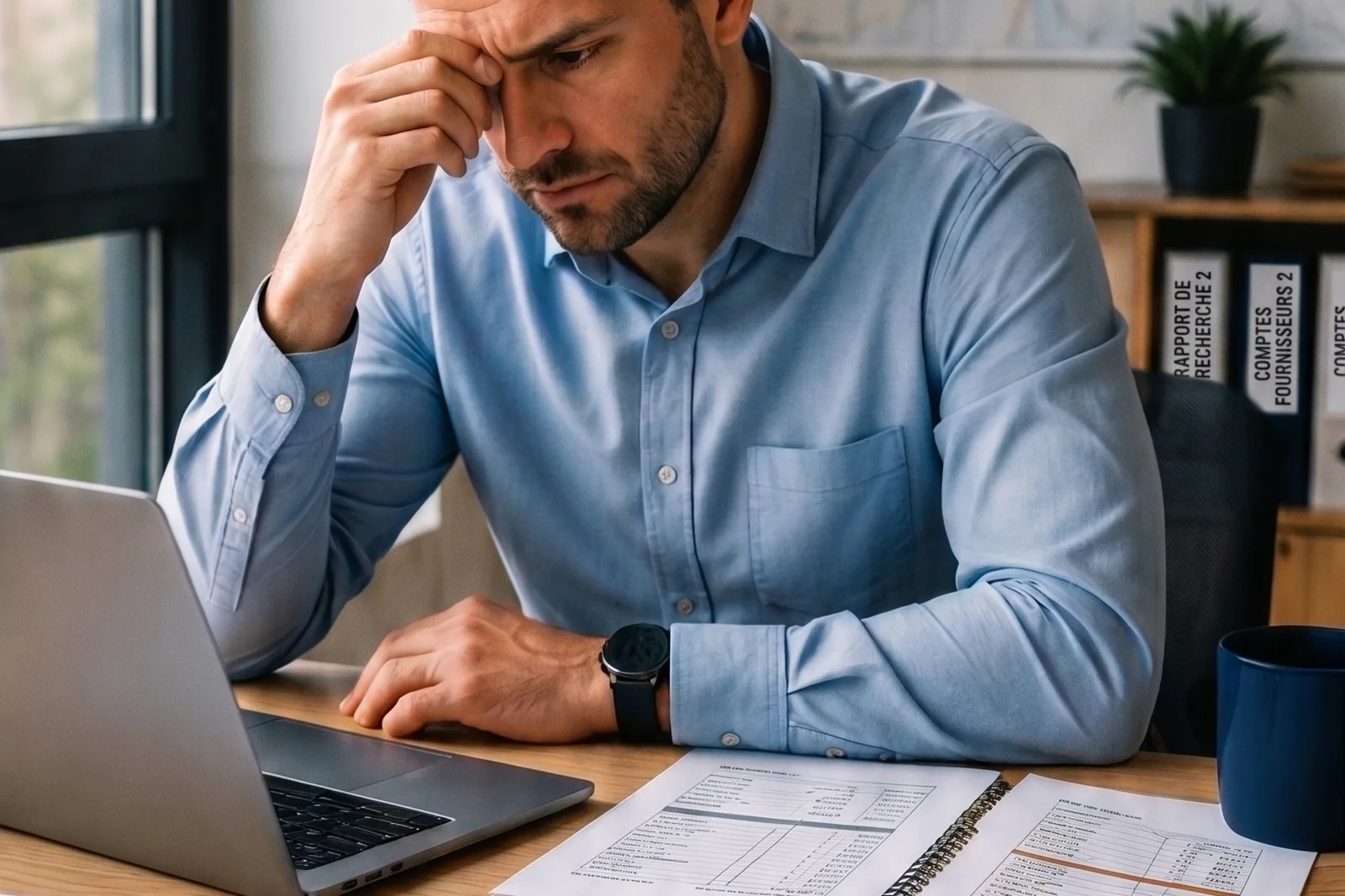 Responsable logistique dépassé par les devis de transport papier accumulés sur son bureau