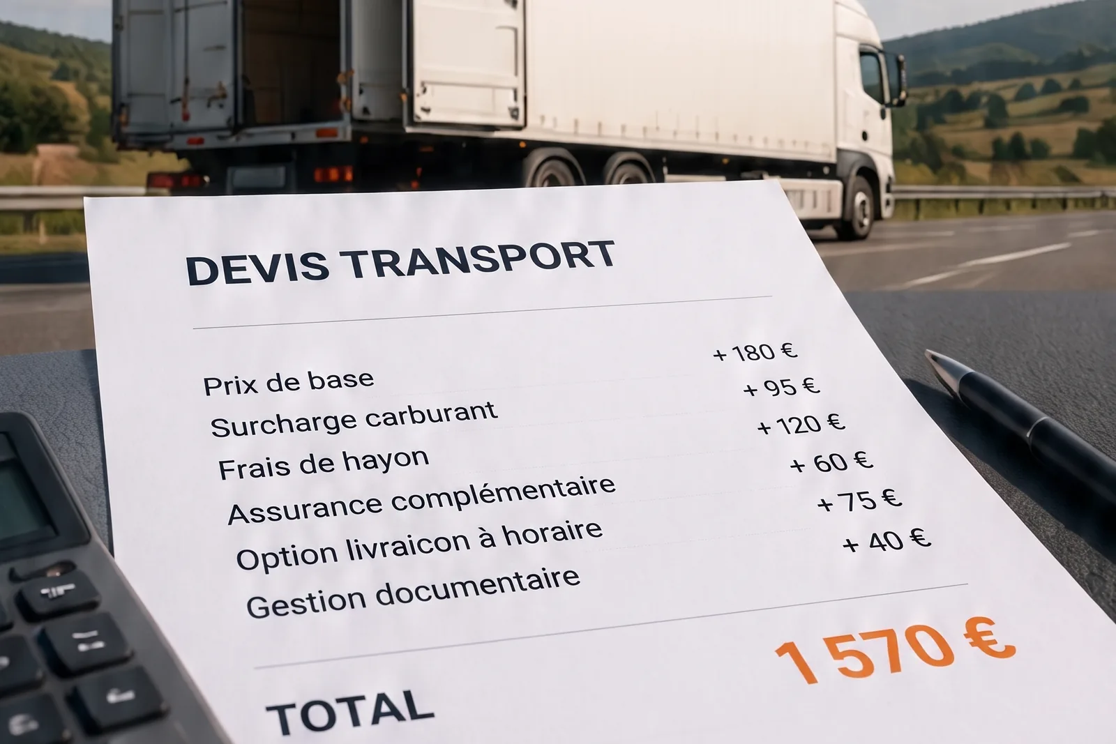 Devis de transport détaillant surcharge carburant, frais de hayon et options qui gonflent le total à 1 570 €