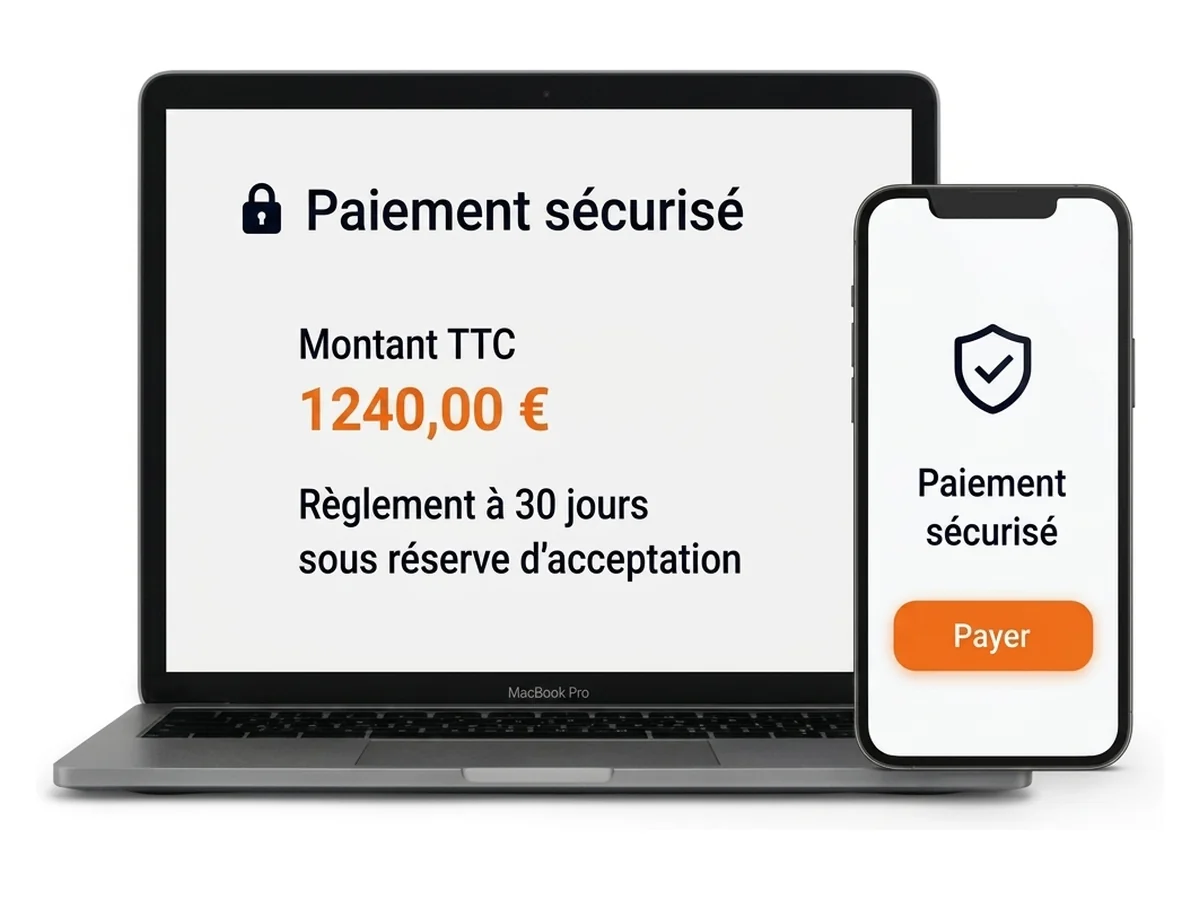 Lien de paiement sécurisé Fretizy sur ordinateur et mobile, montant TTC et règlement à 30 jours sous réserve d’acceptation