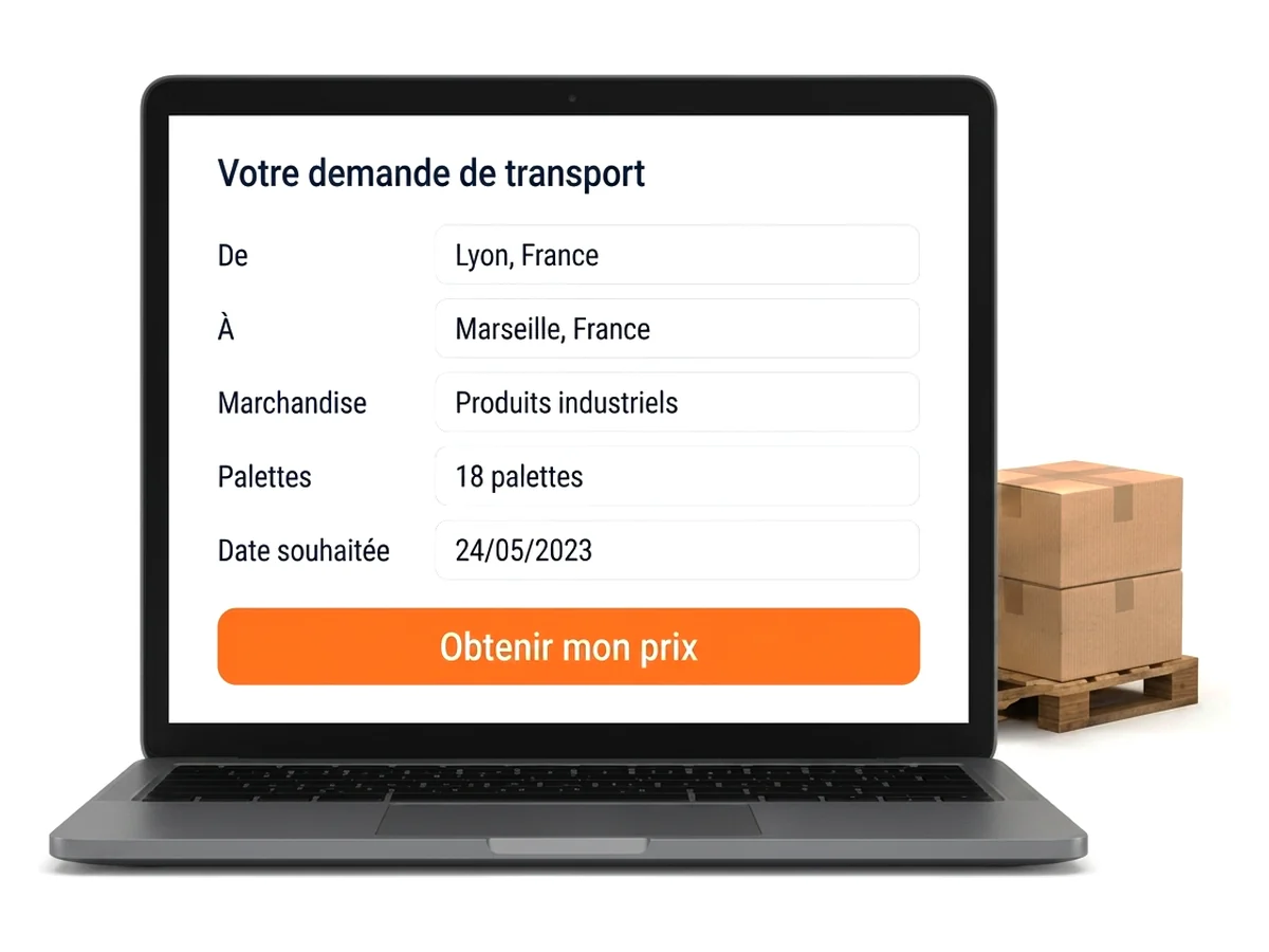 Formulaire de demande de transport Fretizy sur ordinateur portable : Lyon vers Marseille, 18 palettes de produits industriels